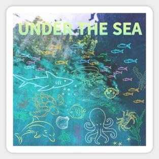 under the sea,blue sea,sea creatures,Turtle, puffer fish, starfish, shrimp, shark, tropical fish, sea horse, seaweed, sardines, squid, crabs, clams Sticker